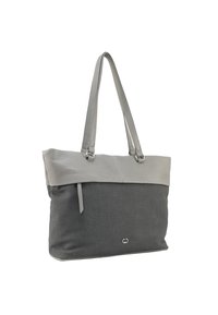 Borsa tote grigia con base in tessuto testurizzato e parte superiore in pelle liscia, dotata di spallacci regolabili e un discreto dettaglio del logo.