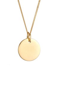 Goldene Anhängerkette mit einem runden, polierten Plattenanhänger. Verfügt über eine zarte Kette mit einem verschlungenen Schlaufen-Design.