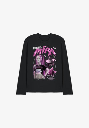 Black long-sleeve t-shirt featuring a vibrant pink graphic of a character with purple hair and stars, text “MIRA,” and bold motifs.