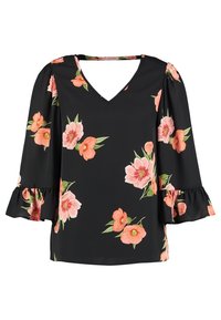 Černá blůza s výstřihem do V a volánkovými rukávy, s květinovým vzorem v růžové a zelené barvě. Hladký materiál s volným střihem.