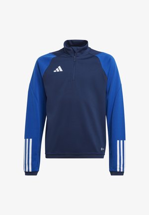Pullover sportivo blu navy con zip a un quarto, caratterizzato dal logo Adidas e tre strisce bianche su ciascuna manica. Tessuto dalla texture liscia.