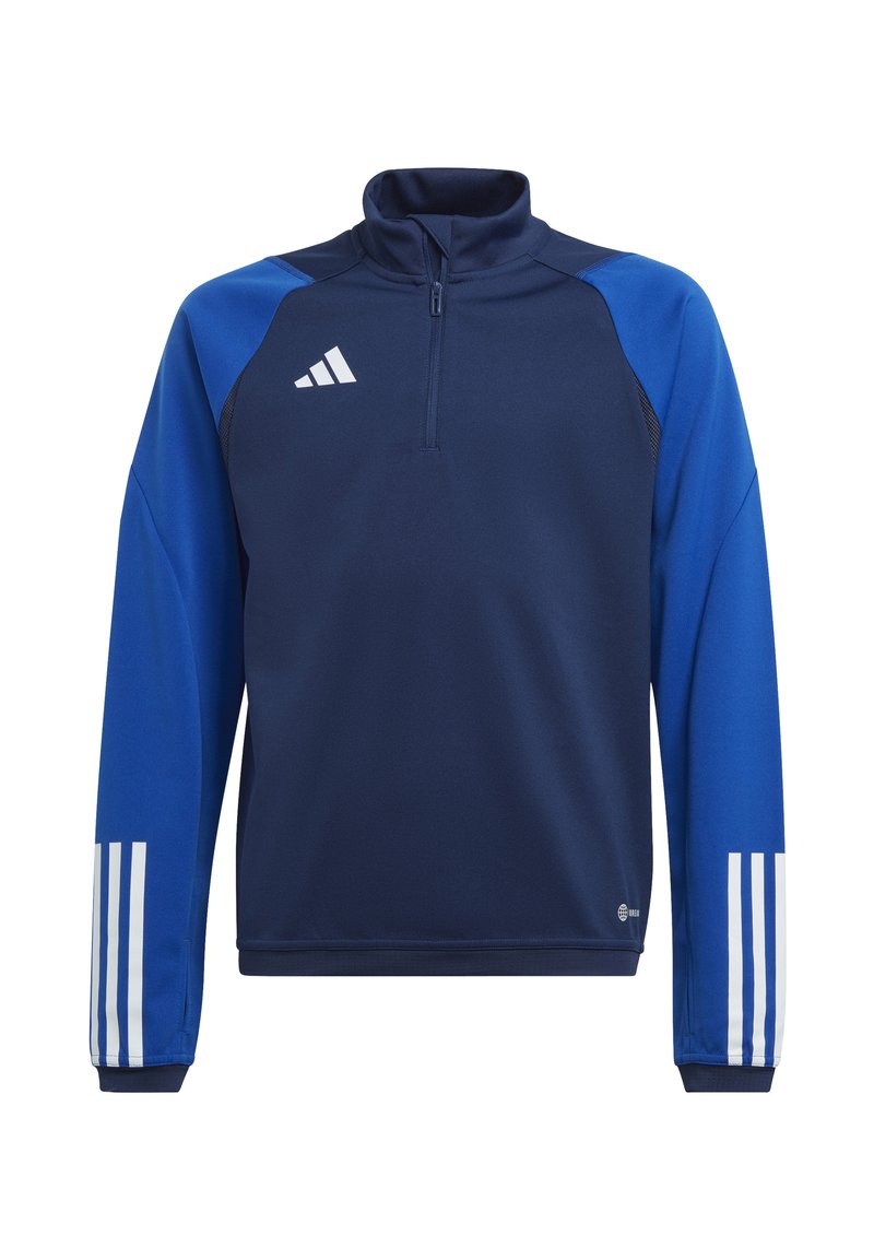 Marineblauwe sportieve pullover met een kwart rits, featuring het Adidas-logo en drie witte strepen op elke mouw. Soepele stoftextuur.