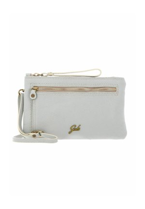 Pochette en cuir texturé gris avec quincaillerie dorée, dotée d'une fermeture éclair, d'une bandoulière et d'une poche zippée à l'avant. Accent logo doré.