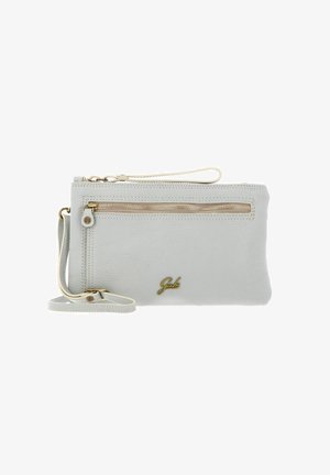 Pochette en cuir texturé gris avec quincaillerie dorée, dotée d'une fermeture éclair, d'une bandoulière et d'une poche zippée à l'avant. Accent logo doré.