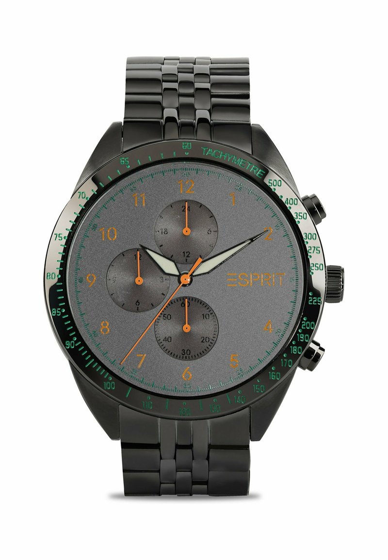 Orologio cronografo nero con quadrante grigio testurizzato, dettagli arancioni, tre sotto-quadranti e marcature tachimetriche verdi. Bracciale in metallo a maglie.