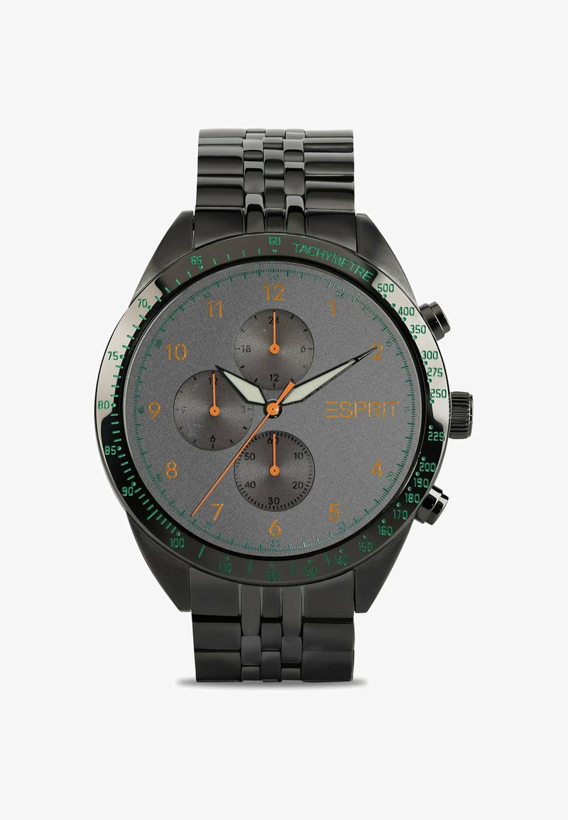 Orologio cronografo nero con quadrante grigio testurizzato, dettagli arancioni, tre sotto-quadranti e marcature tachimetriche verdi. Bracciale in metallo a maglie.