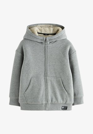 Grey zip-up hoodie with a fluffy, cream-colored inner lining. Features two front pockets and ribbed cuffs and hem. Soft cotton blend material.