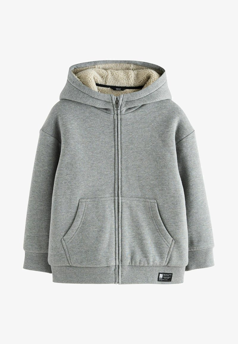 Felpa grigia con zip e rivestimento interno soffice color crema. Caratterizzata da due tasche frontali e polsini e orlo a coste. Realizzata in morbido materiale misto cotone.