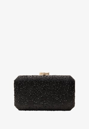 Black satin clutch purse with raised black bead embellishments, gold clasp, and decorative rhinestone accents. Rectangular shape with textured surface.