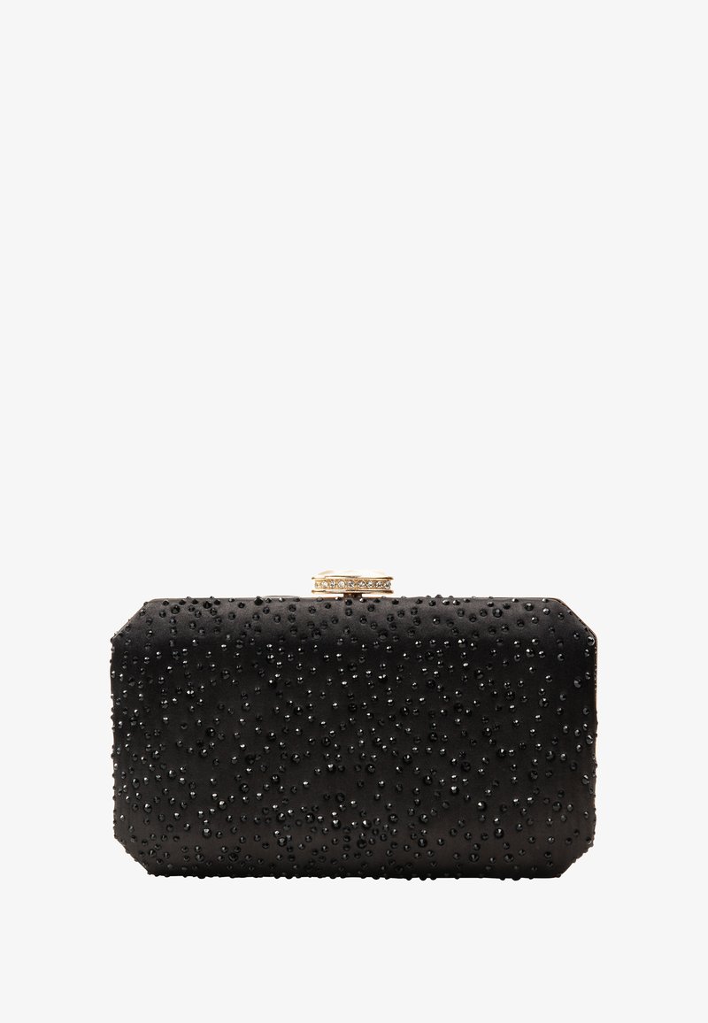 Svart satinklutch med upphöjda svarta pärlprydnader, guldkrok och dekorativa rhinestones. Rektangulär form med strukturerad yta.