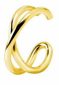 Goldfarbener verdrehter Ring mit glatter, glänzender Oberfläche; verfügt über zwei ineinander übergehende Schlaufen, die ein flüssiges, elegantes Design schaffen.