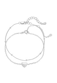 Silver double-layered bracelet featuring a smooth heart charm and small beads along the chains, with a lobster clasp and extender.