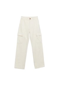 Cargo bukser i off-white bomuldsstof, der har to sidelommer, en knaplukning og et lige ben design. Glat tekstur.