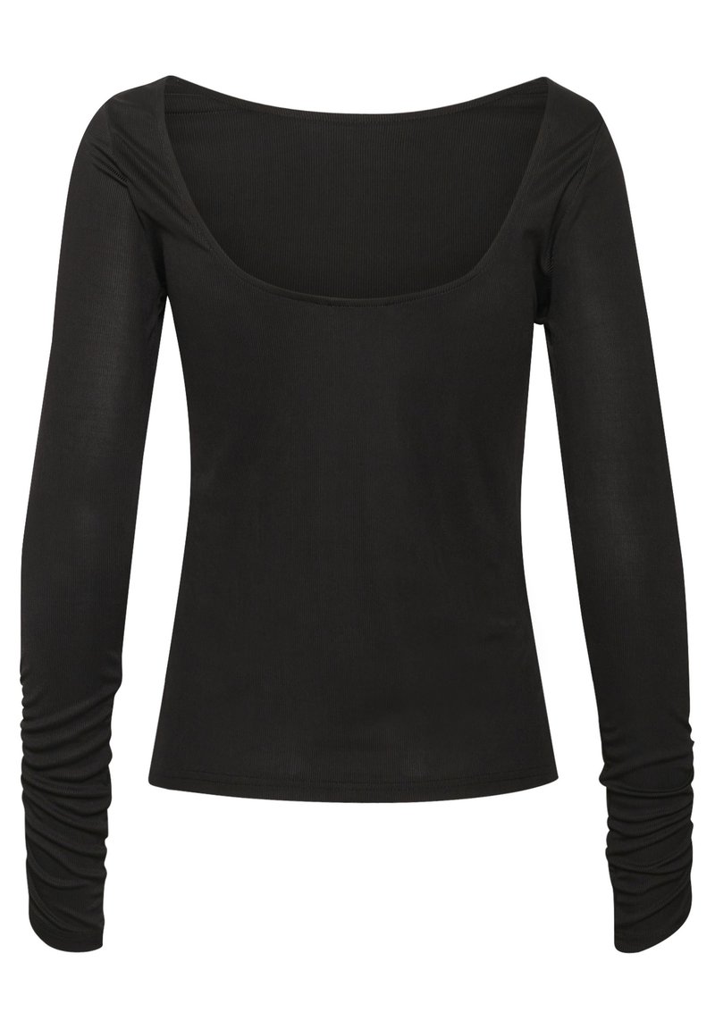 Schwarzes langärmliges Oberteil aus geripptem Stoff, mit einem weiten, runden Ausschnitt und Raffung an den Ärmeln.