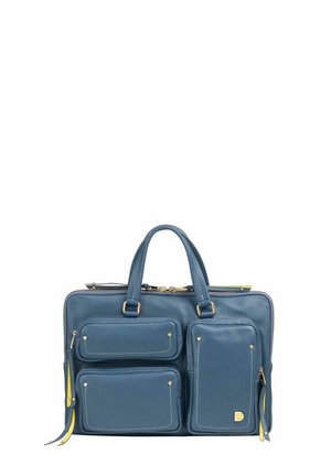 Blue leather briefcase with three front zippered pockets, double handles, gold hardware, and yellow zipper pulls.