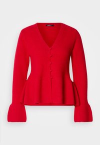 Cardigan tricotat roșu, cu decolteu în V, închidere cu nasturi și tiv peplum. Prezintă mâneci ribbate și o textură moale.