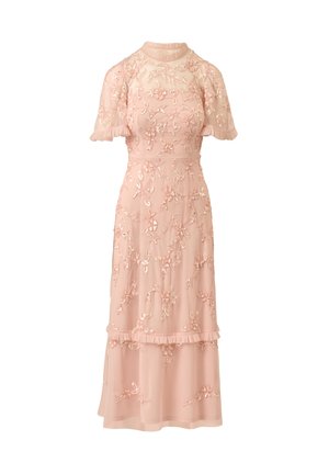 Hellrosa Midikleid mit floraler Stickerei, Pailletten, kurzen Rüschenärmeln, hohem Ausschnitt und mehrlagigen Saumdetails.