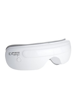 Masajeador ocular portátil blanco con interior acolchado, botón de encendido lateral y logo "IDItalian design" en el frente.