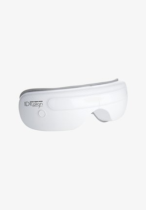 Masque oculaire portable blanc avec intérieur rembourré, bouton d'alimentation latéral et logo « IDItalian design » à l'avant.