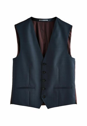 Sötétkék mellény mély V-nyakkal, öt fekete gombbal és finom textúrával; sötét bordó bélése van, és két elülső zsebe.