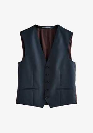 Gilet blu navy con scollatura a V profonda, cinque bottoni neri e una trama sottile; presenta un rivestimento bordeaux scuro e due tasche frontali.