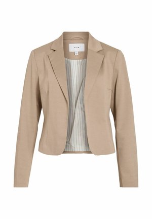 Béžový blazer s přiléhavým střihem, klopovými límci, dvěma předními kapsami a vzorovanou pruhovanou podšívkou. Vyrobeno z hladké tkaniny.