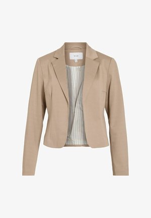 Béžový blazer s priliehavým strihom, s výpustkovými klopami, dvoma prednými vreckami a vzorovanou prúžkovanou podšívkou. Vyrobený z hladkej látky.