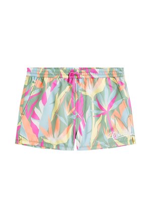 Costume da bagno con stampa tropicale nei toni del verde, rosa e giallo. Vita elasticizzata con coulisse. Logo O'Neill bianco.
