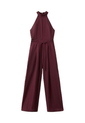 Mono sin mangas de pierna ancha en color burdeos con cuello halter y cinturón de lazo en la cintura, hecho de tela texturizada.