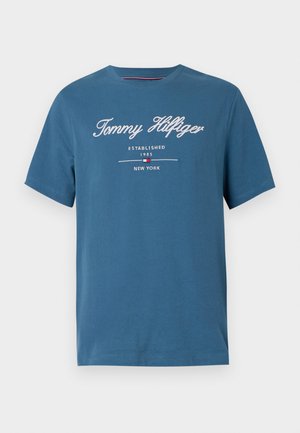 Blå bomulls-t-shirt med korta ärmar. Har vit broderad text: "Tommy Hilfiger," "ESTABLISHED 1985" och "NEW YORK." Enkel design.
