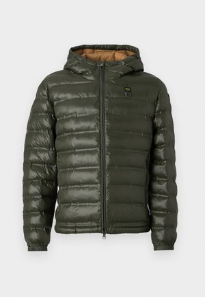 Olive green puffer jacket with a hood, featuring a zip front, horizontal quilted design, elastic cuffs, and a tan interior lining.