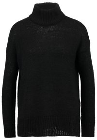 Musta pooleepäntä neulepaita, joka on valmistettu neulotusta kankaasta. Siinä on paksu ribbireuna kauluksessa ja helmassa. Irtonainen malli, jossa on puoliksi läpikuultava texture.