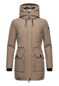 Beige parka jacket with a hood, two large front pockets, zip and button closures, elastic cuffs, and drawstring details. Smooth texture.