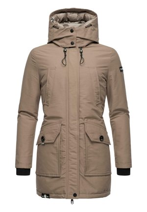 Beige parka jacket with a hood, two large front pockets, zip and button closures, elastic cuffs, and drawstring details. Smooth texture.
