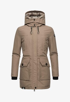Beige parka-jacka med huva, två stora framfickor, dragkedja och knapplås, elastiska ärmslut och dragsnodd detaljer. Slät textur.