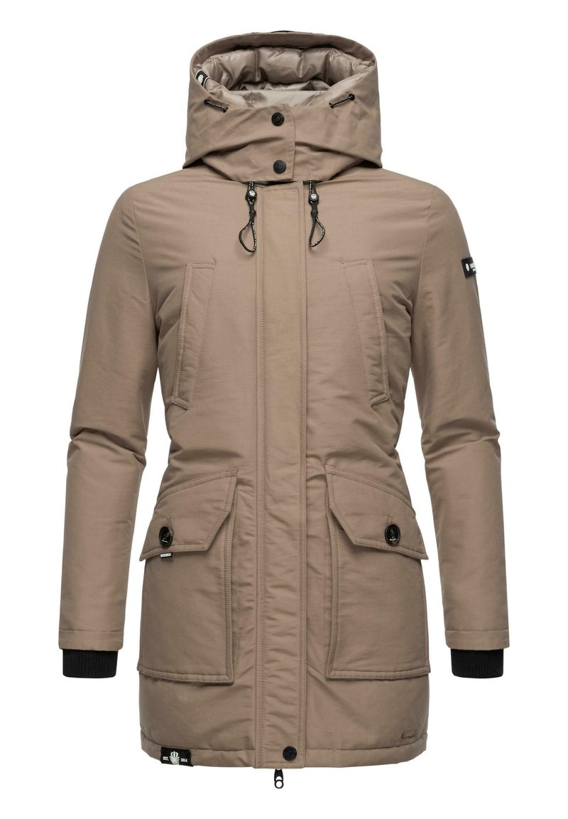 Beige parka jacket with a hood, two large front pockets, zip and button closures, elastic cuffs, and drawstring details. Smooth texture.