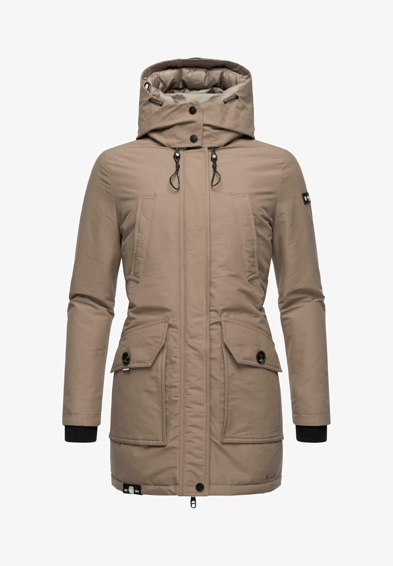 Parka beige avec capuche, deux grandes poches avant, fermeture éclair et boutons, poignets élastiques et détails à cordon. Texture lisse.