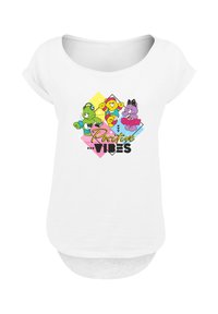 White short-sleeve shirt featuring a colorful graphic of cartoon bears and the text "Positive Vibes" in bold black and multicolored accents.