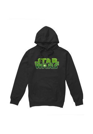 Schwarzer Kapuzenpullover mit grünem "Star Wars"-Text und einem kleinen Kleeblatt-Symbol in der Mitte vorne, mit einer vorderen Kängurutasche.