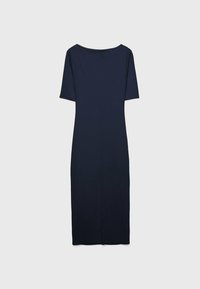 Granatowa sukienka z okrągłym dekoltem, krótkimi rękawami i prostym krojem. Wykonana z gładkiego materiału, charakteryzująca się minimalistycznym designem.