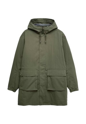 Oliem groene parka met capuchon, voorzien van een voorrits, verstelbare trekkoorden en twee grote klepzakken aan de voorkant.