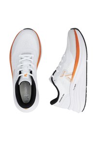 White running shoes with breathable mesh upper, orange accents on the sides, padded collar, and cushioned soles for comfort.