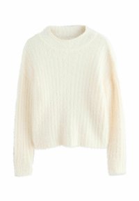 Pull en crème, pelucheux, avec une texture côtelée, un col rond et des manches longues. Le design court ajoute une touche contemporaine.