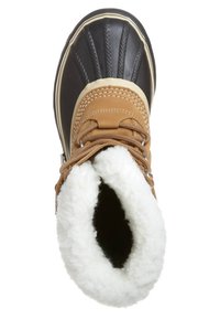 Botte d'hiver imperméable marron et noire avec un col en fourrure, semelle en caoutchouc et fermeture à lacets. Présente un extérieur texturé et des accents surpiqués.
