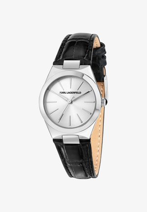 Orologio in tonalità argento con quadrante rotondo, ghiera in acciaio inossidabile lucida, cinturino in pelle nera con finitura strutturata e cuciture chiare.