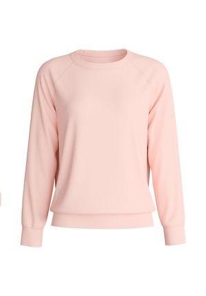 Sweatshirt rose clair en tissu doux avec de longues manches raglan et un col rond, doté d'un ourlet et de poignets côtelés.