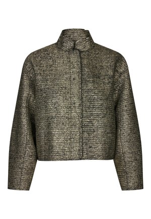 Giacca corta realizzata in tessuto a filo metallico nero e oro, con colletto alto e spalle scese. La texture appare intrecciata.