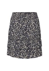 Jupe à motifs marine et crème avec un design à volants, dotée d'une taille élastique et de volants superposés au bas. Fabriquée en tissu léger.