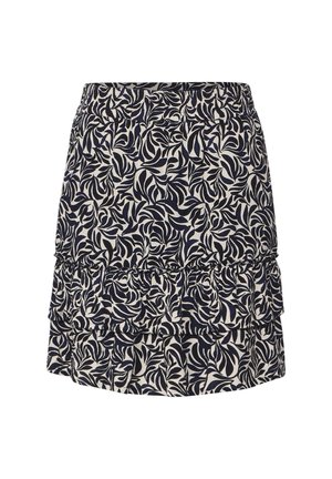 Hame vaaleiden ja tummansinisien kuvioiden leikattu hame, jossa on frillimäinen muotoilu, joustava vyötärö ja kerrokselliset frillit helmassa. Valmistettu kevyestä kankaasta.