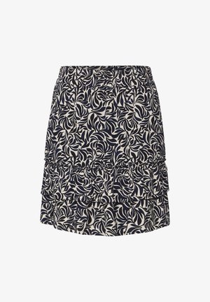 Spódnica w kolorze granatowym i kremowym z wzorem, z falbankami, posiadająca elastyczny pas oraz warstwowe falbany na dole. Wykonana z lekkiego materiału.